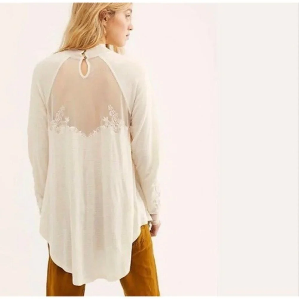 Free People Women's Size Large Ivory Saheli Mesh Embroidered Mock Neck Tunic Top